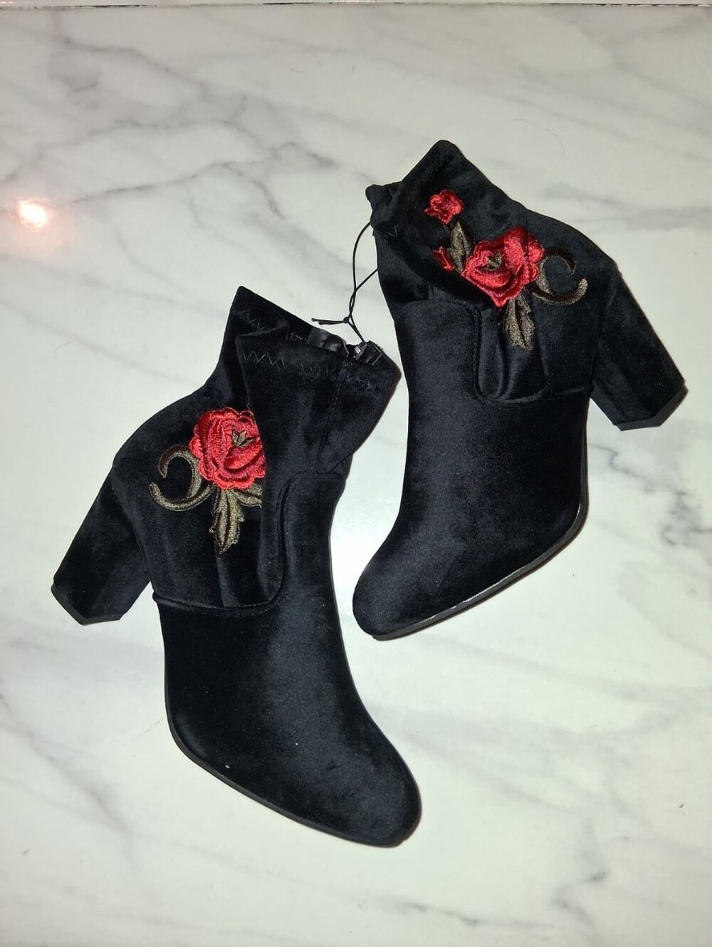 Black Velvet Ankle Boots with Red Rose Embroidery - Women 90s